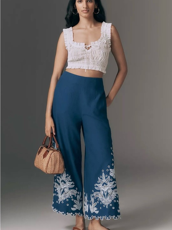 FARM Rio Pants - FARM Rio x Anthropologie Blue Embroidered Wide-Leg Pants Size Medium NWT